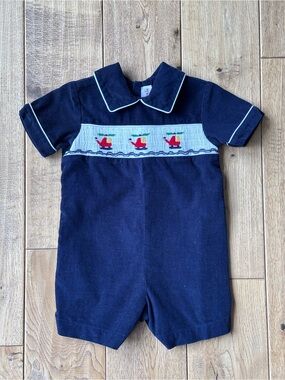 House of Hatten Navy Corduroy Smocked Helicopter Shortall size 6 Months